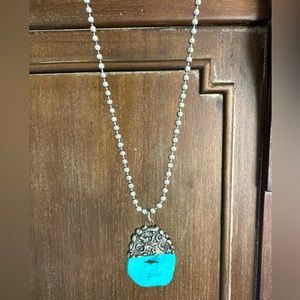 New Turquoise stone and silver chain long drop necklace